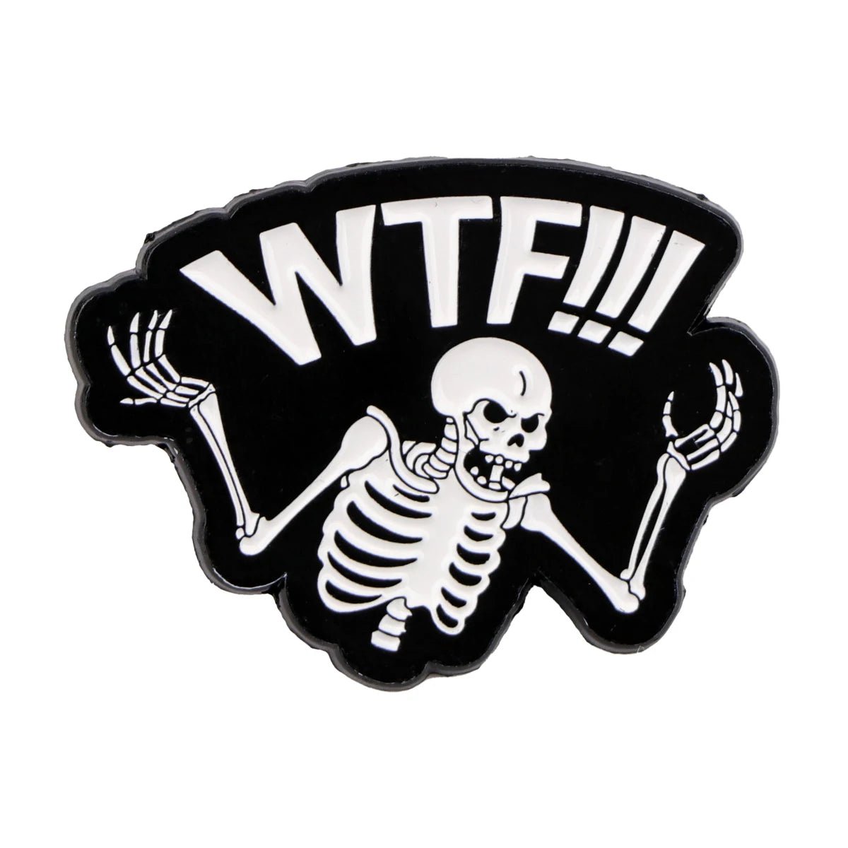 A cartoon skeleton from Kiss Me Later raises its hands with a confused, spooky look and bold white WTF!!! above its head on a black background.