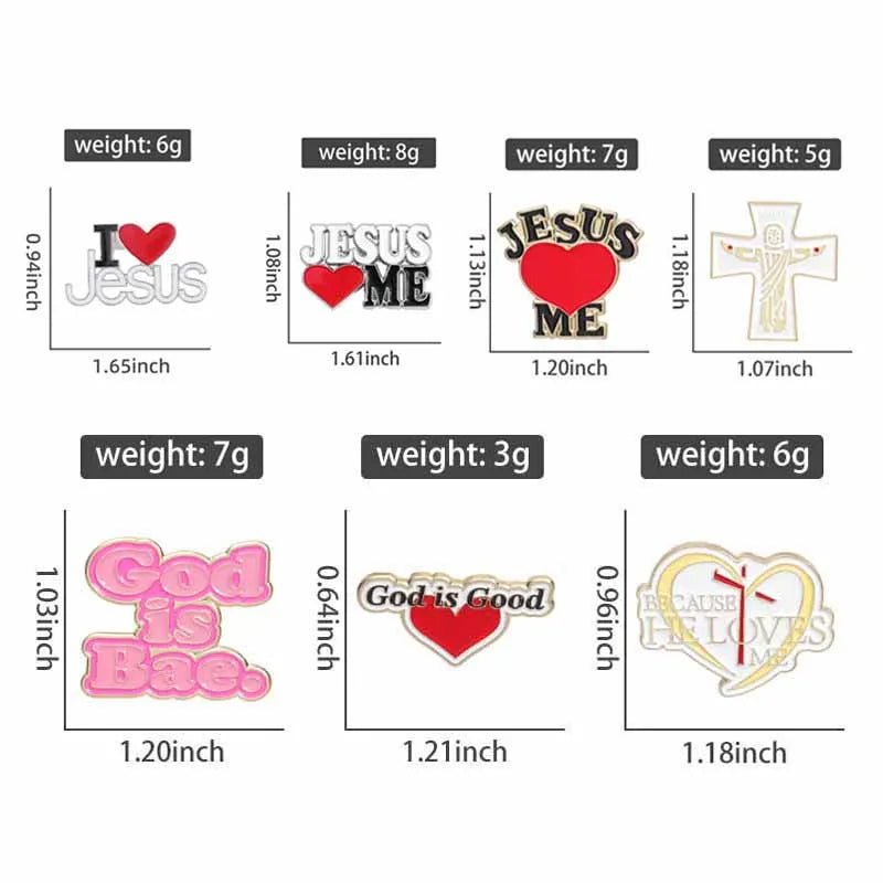 Eight Christian-themed enamel pins by Kiss Me Later, including pink and God Is Bae designs with phrases like I Love Jesus and Jesus Loves Me, plus hearts and crosses. Each pins weight and size are listed.