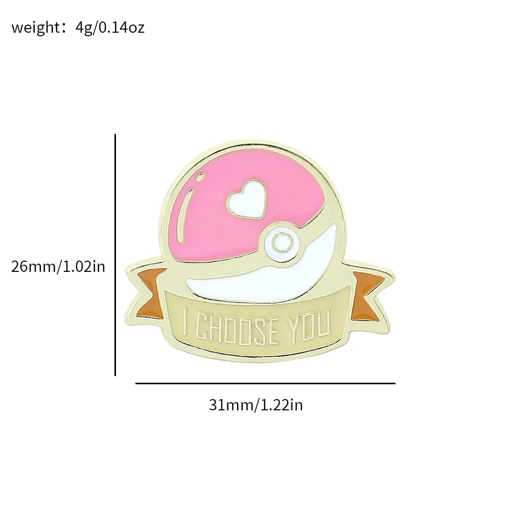 I Choose You pin is a pink Pokémon Ball enamel pin with a heart, gold trim, and a I CHOOSE YOU banner. This cute 26mm x 31mm pin weighs just 4g (0.14oz).