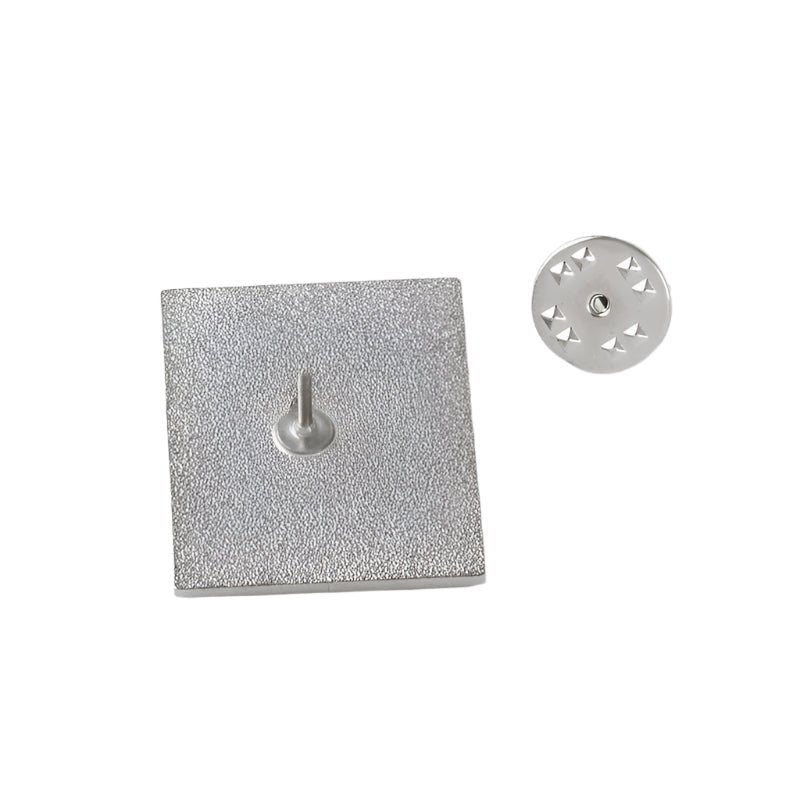 Slver square pin with a textured surface and pointed post is displayed beside its round, spiked back clasp on a white background—an eye-catching enamel piece for your collection.