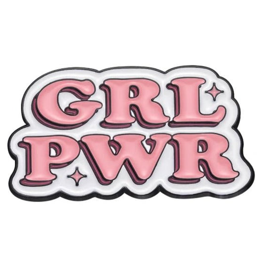 Show your strength with this enamel pin, featuring bold pink GRL PWR bubble letters and a heart on a white background with black outline—perfect for expressing girl power, self-love, and empowerment.