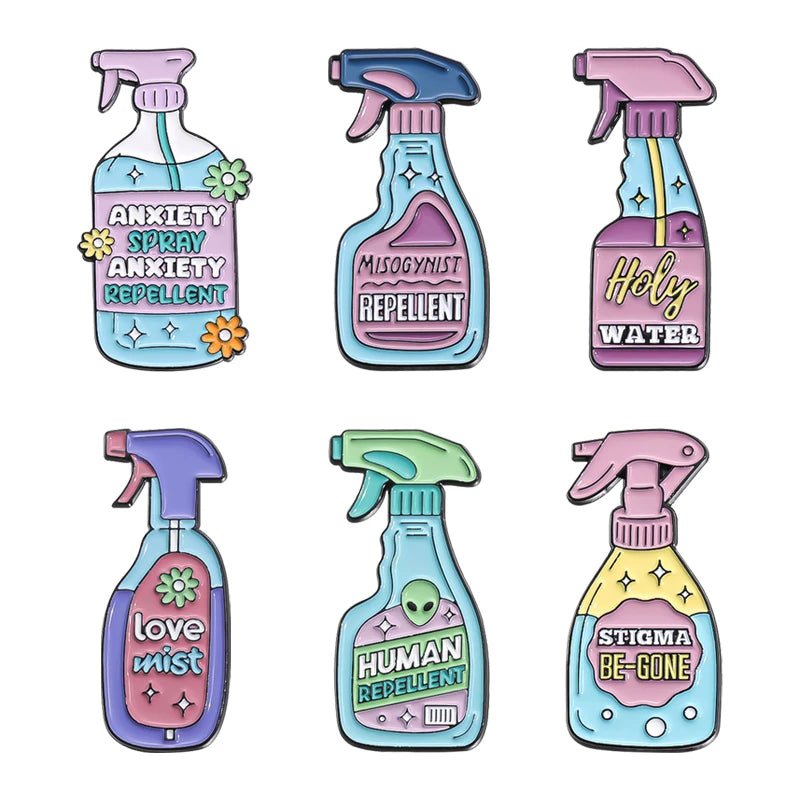 Six illustrated pastel spray bottle pins by My Cutesy Era, humorously labeled Anxiety Repellent, Misogynist Repellent, Holy Water, Love Mist, Human Repellent & Stigma Be-Gone—perfect as a playful enamel pin set with decorative flair.