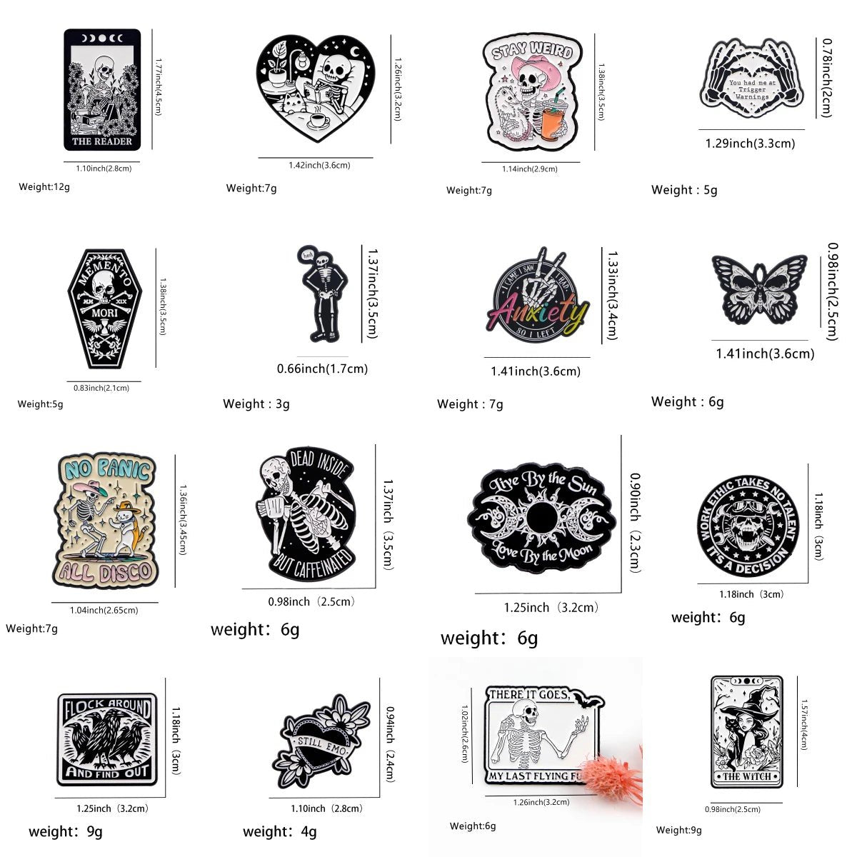 A grid of 15 Kiss Me Later gothic enamel pins radiating spooky vibes, featuring designs like skeleton hands, coffins, moths, flowers, and phrases such as “Stay Weird” and “Anxiety,” plus each pin’s measurements and weight displayed below.