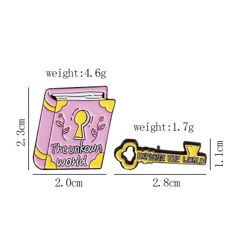 Two enamel pins: a pink book badge labeled The Unknown World (2.3x2.0 cm, 4.6g) and a yellow key pin labeled EXPLORE THE WORLD (2.8x1.1 cm, 1.7g). Measurements shown.