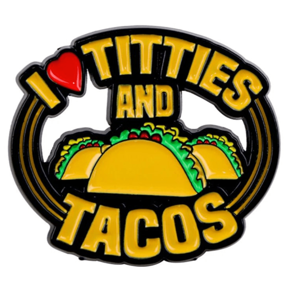 Peach pin features I ♥ and Tacos in bold yellow letters, a heart graphic, and three tacos with lettuce and tomatoes. Enjoy worldwide shipping on this playful accessory!.