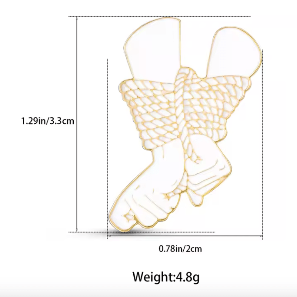 Line drawing of two hands bound with rope, sized 1.29 in (3.3 cm) tall and 0.78 in (2 cm) wide. Weighs 4.8g—an understated rope bondage pin from My Cutesy Era, perfect for your collection.