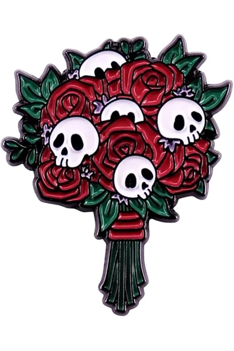 A gothic bouquet: red roses with green leaves and playful white cartoon skulls nestled among the blooms for a striking skull flower arrangement.