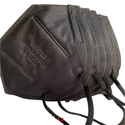 A close-up of several Kiss Me Later black KN95 face masks fanned out, highlighting their textured surfaces and attached ear loops—perfect for bulk purchase and long-lasting protection.