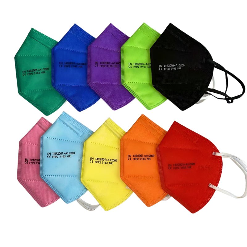A set of ten colorful Kiss Me Later KN95 face masks in green, blue, purple, lime, black, teal, pink, light blue, yellow, and orange—each with printed certification text. Perfect for bulk purchases.
