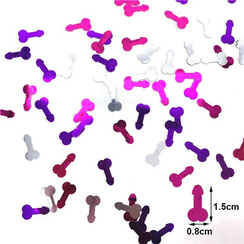 My Cutesy Eras colourful party confetti features pink, purple, and silver penis shapes scattered on a white background. Each adult confetti piece measures 1.5 cm long by 0.8 cm wide, perfect for a fun celebration!.