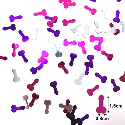My Cutesy Eras colourful party confetti features pink, purple, and silver penis shapes scattered on a white background. Each adult confetti piece measures 1.5 cm long by 0.8 cm wide, perfect for a fun celebration!.