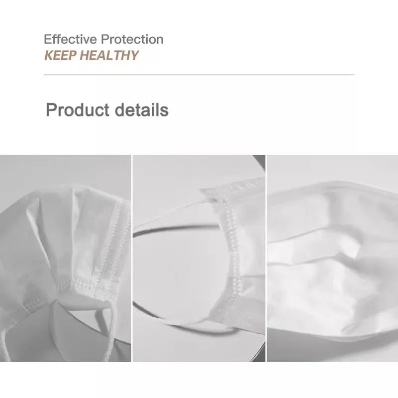 Three close-up images of a Kiss Me Later white disposable medical face mask, showcasing its details and texture, appear under a heading that reads Effective Protection KEEP HEALTHY and Product Details.