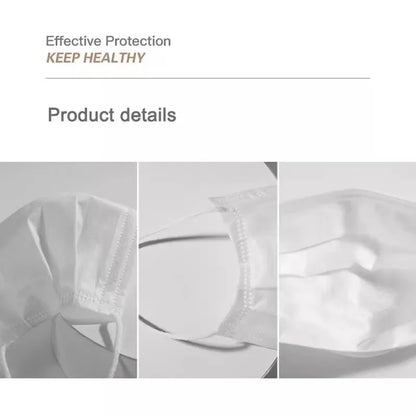Three close-up images of a Kiss Me Later white disposable medical face mask, showcasing its details and texture, appear under a heading that reads Effective Protection KEEP HEALTHY and Product Details.
