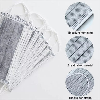 A fan displays Kiss Me Later gray triple layer masks with white elastic ear straps, shown next to close-ups of fine hemming and breathable material. Perfect for those seeking quality bulk face masks. Set against a clean white background.