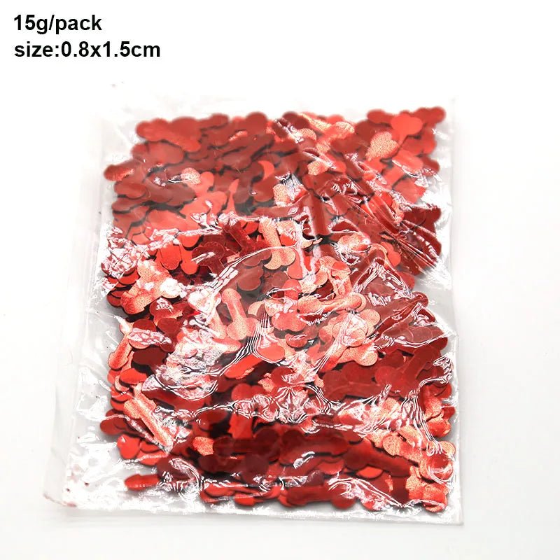 A clear plastic bag of Kiss Me Later red heart-shaped confetti (15g/pack, 0.8x1.5cm), perfect for adult parties. Text in the top left corner notes the size details, all set against a plain white background.