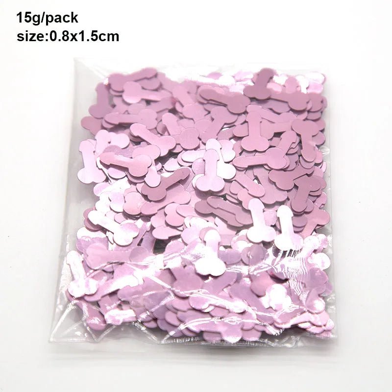 Kiss Me Later pink penis-shaped confetti comes in a clear plastic bag. Each pack contains 15g of adult party confetti, with each piece about 0.8 x 1.5 cm—perfect for adding fun to your celebration.