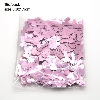 Kiss Me Later pink penis-shaped confetti comes in a clear plastic bag. Each pack contains 15g of adult party confetti, with each piece about 0.8 x 1.5 cm—perfect for adding fun to your celebration.