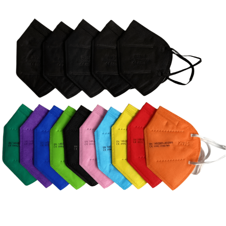 Black and colorful rainbow face masks with filtration efficiency text on a white background