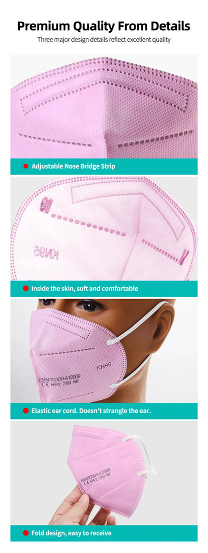 Infographic featuring the Kiss Me Later KN95 face mask with adjustable nose bridge strip, soft inner layer, elastic ear cord, and a foldable design for easy storage.