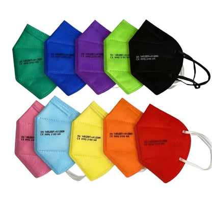Ten colorful Kiss Me Later KN95 face masks in two rows, each a unique color—green, turquoise, blue, purple, black, pink, and more. Printed safety text on one side makes them ideal for bulk purchases.