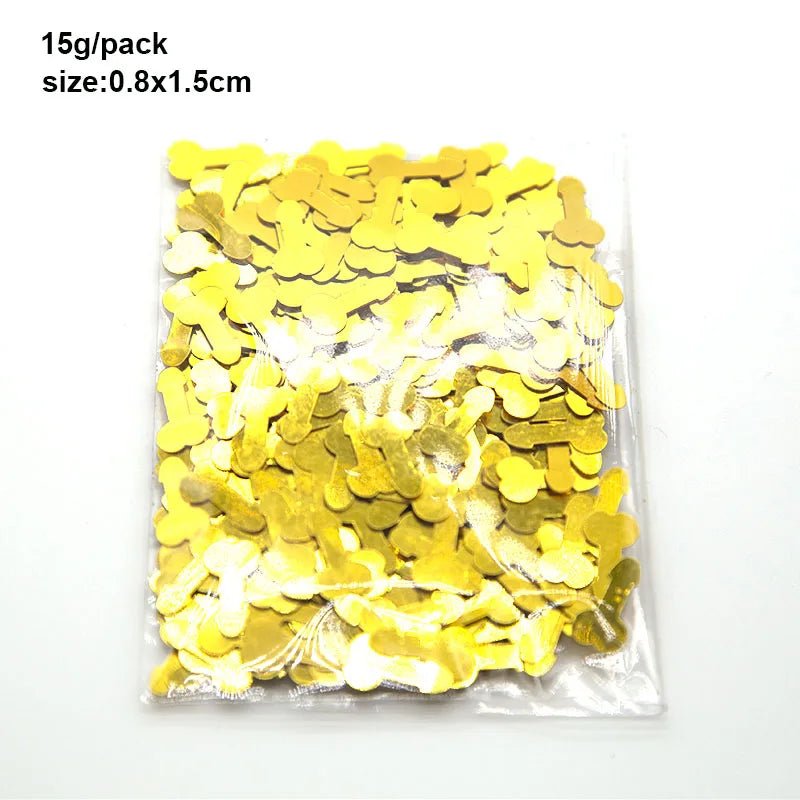 A clear plastic bag labeled Kiss Me Later holds small gold penis-shaped confetti (15g/pack, size: 0.8x1.5cm). Perfect for adult parties, the bag is displayed on a white background.
