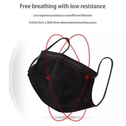 A Kiss Me Later black triple-layer mask with ear loops is displayed, surrounded by red curved airflow arrows. Text above showcases: Free breathing with low resistance and a fold creating a 360° three-dimensional breathing space.