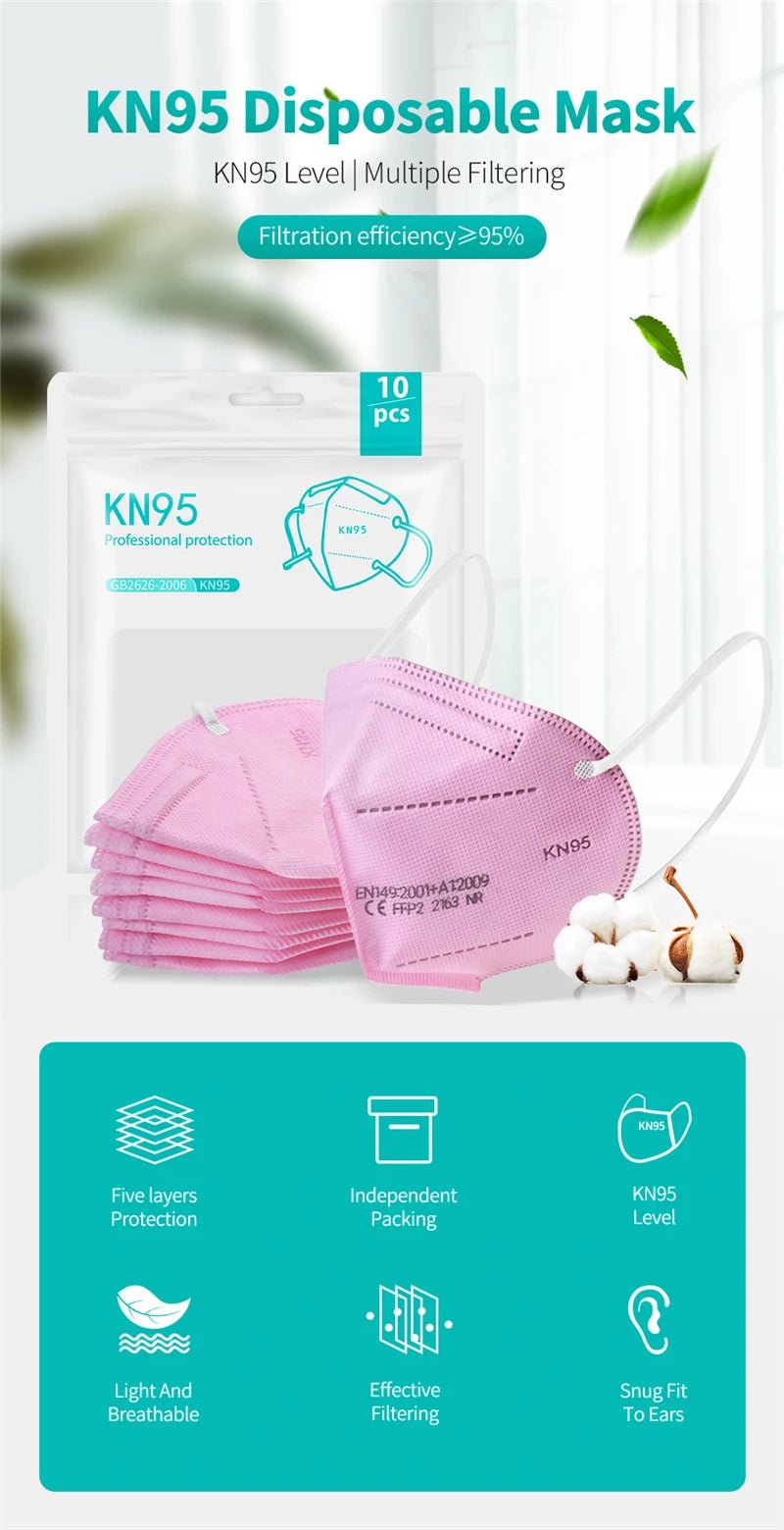 Advertisement for Kiss Me Later colourful pink KN95 face masks—shown with packaging, five-layer protection, high filtration efficiency, breathability, snug fit—perfect for personal use or bulk buying.