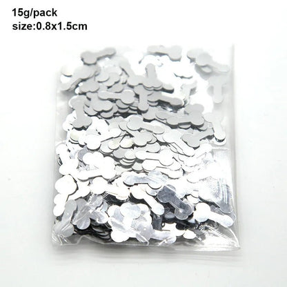Kiss Me Later’s clear plastic bag contains 15g of metallic silver penis-shaped confetti for adults (0.8x1.5cm each), perfect for parties or events.