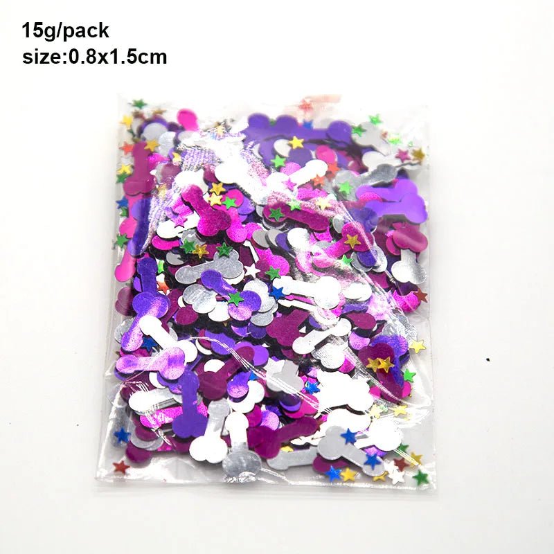 Kiss Me Later’s small clear bag holds colourful, shiny penis and star confetti—ideal for adult parties. Labeled 15g/pack, size: 0.8x1.5cm in black text on a white background.