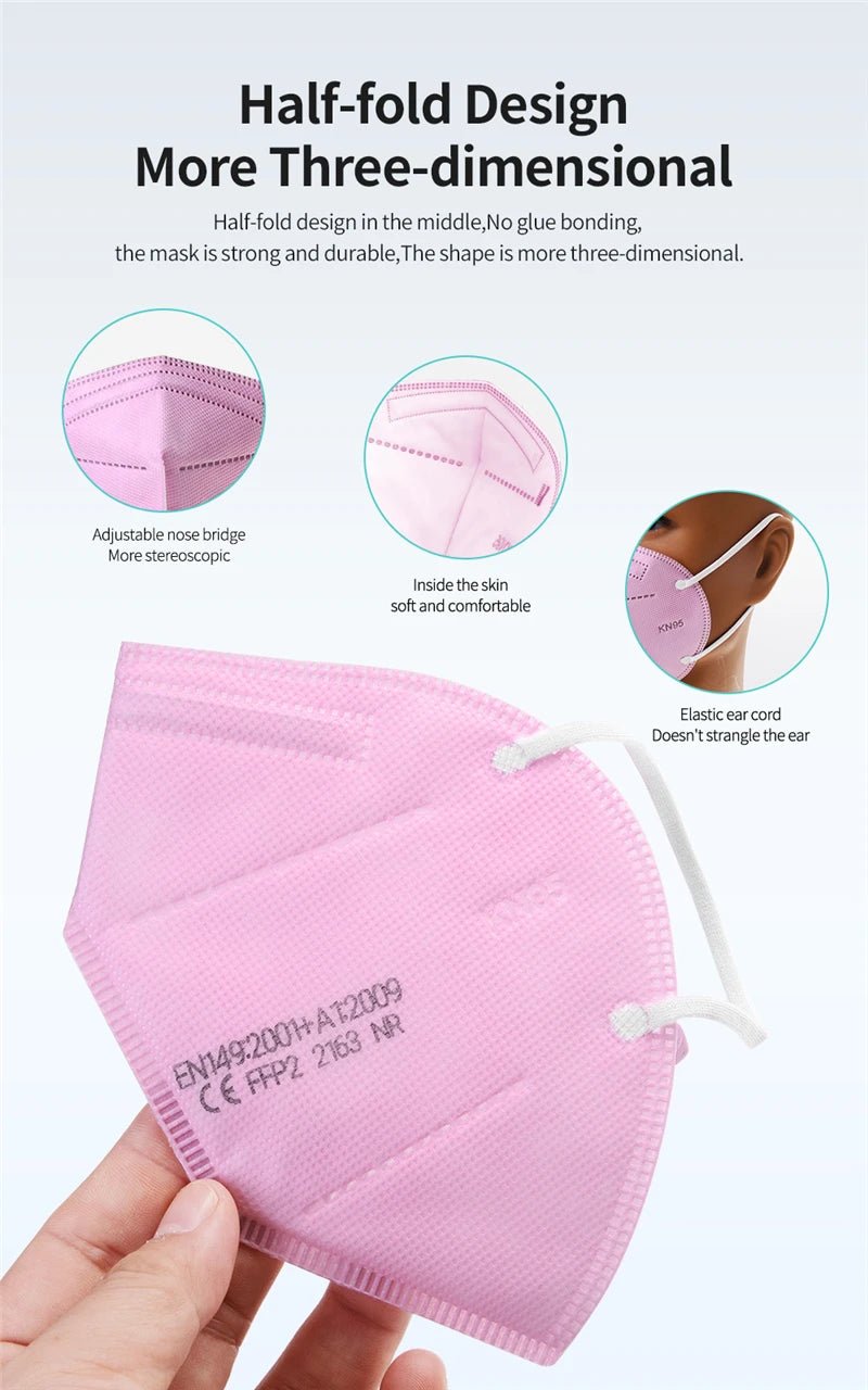 A pink, 3D Kiss Me Later KN95 mask with adjustable nose bridge and ear loops is shown. Insets highlight its comfy interior, non-strangling ear cords, and durable half-fold design—perfect for bulk purchases.