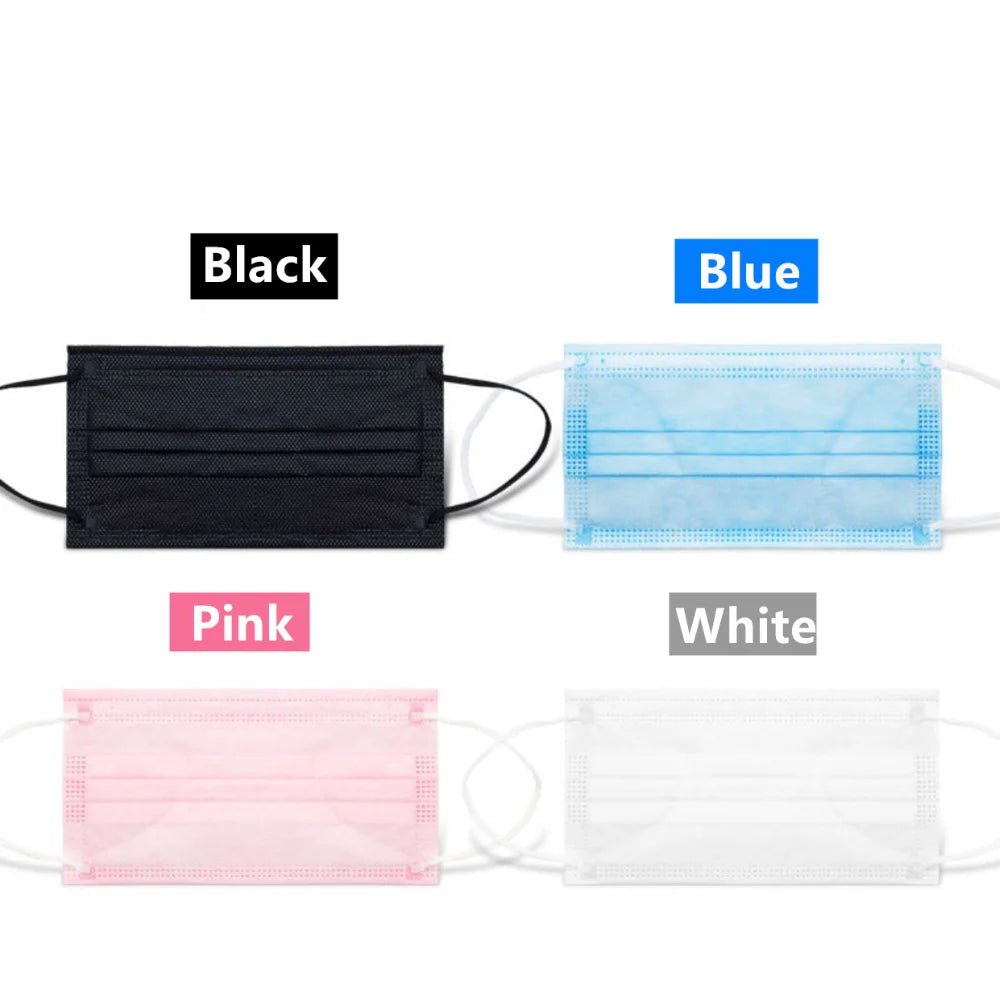 Four My Cutesy Era disposable medical face masks are shown in black (top left), blue (top right), pink (bottom left), and white (bottom right), each labeled above the mask.