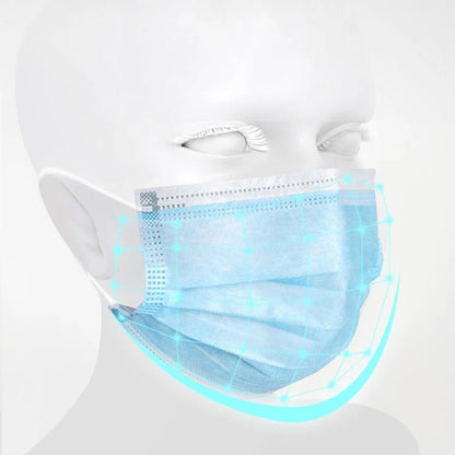 A white mannequin head wears a Kiss Me Later blue triple layer face mask, with a digital blue grid overlay showing the coverage and fit of this disposable medical face mask.