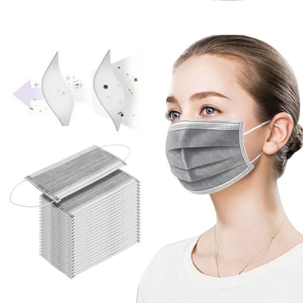 A woman wears a gray Kiss Me Later disposable medical face mask. Below her is a stack of masks, with diagrams to the left showing airflow and filtration through the triple-layer design for enhanced protection.