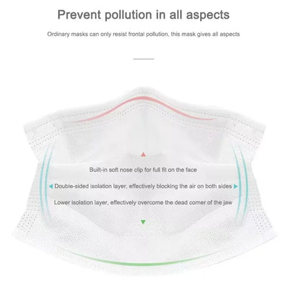 The Kiss Me Later white triple-layer face mask features a built-in soft nose clip, double-sided isolation layer for side protection, and a lower isolation layer for jaw coverage, offering comprehensive protection.
