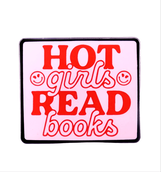 The Kiss Me Later rectangular enamel pin features a pink background, red HOT girls READ books text, and two smiley faces by girls. A stylish book lover accessory for readers.