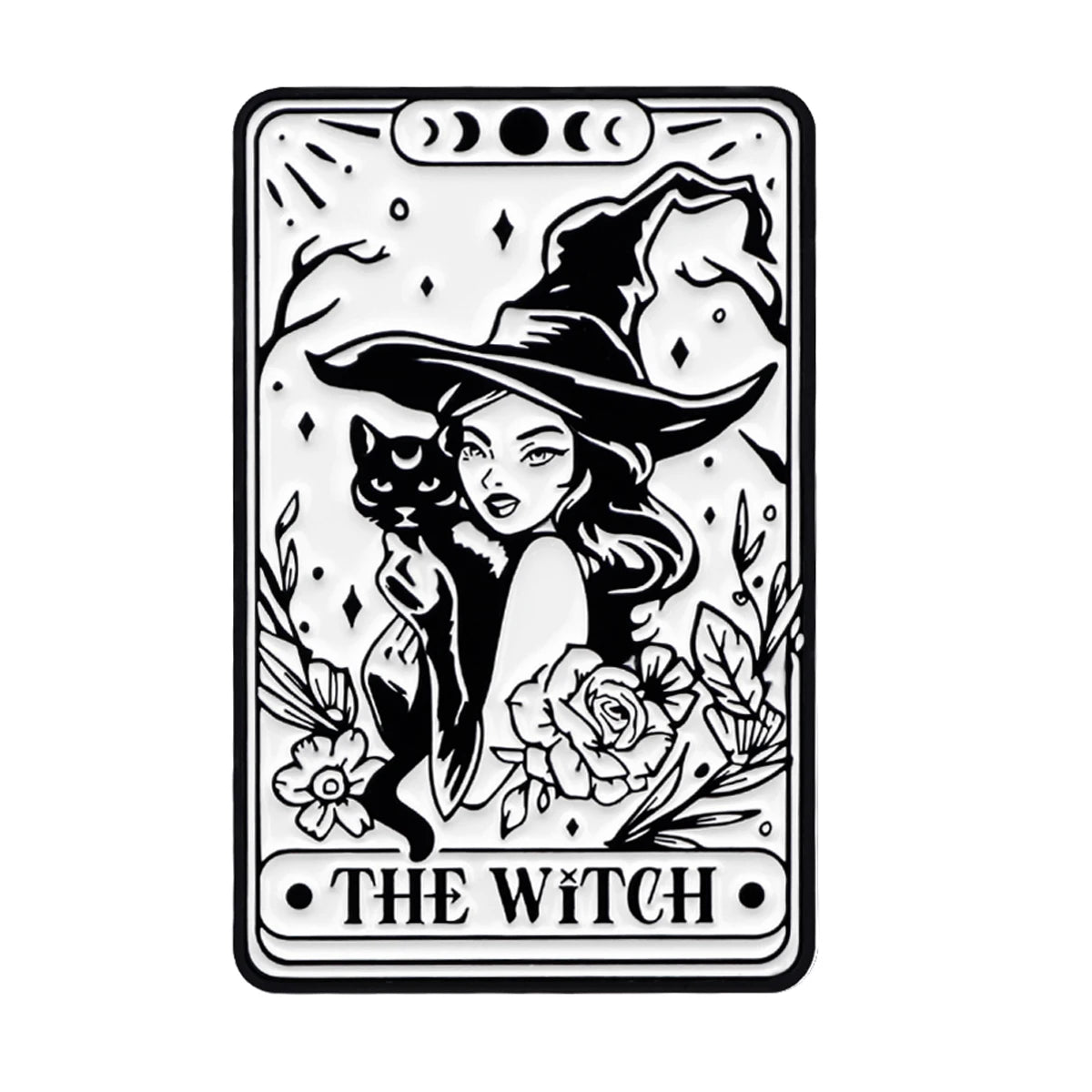 Black and white Kiss Me Later illustration featuring a woman in a witch hat holding a black cat, surrounded by flowers and leaves. THE WITCH text at the bottom adds a mystical, spooky vibe to this ornate design.