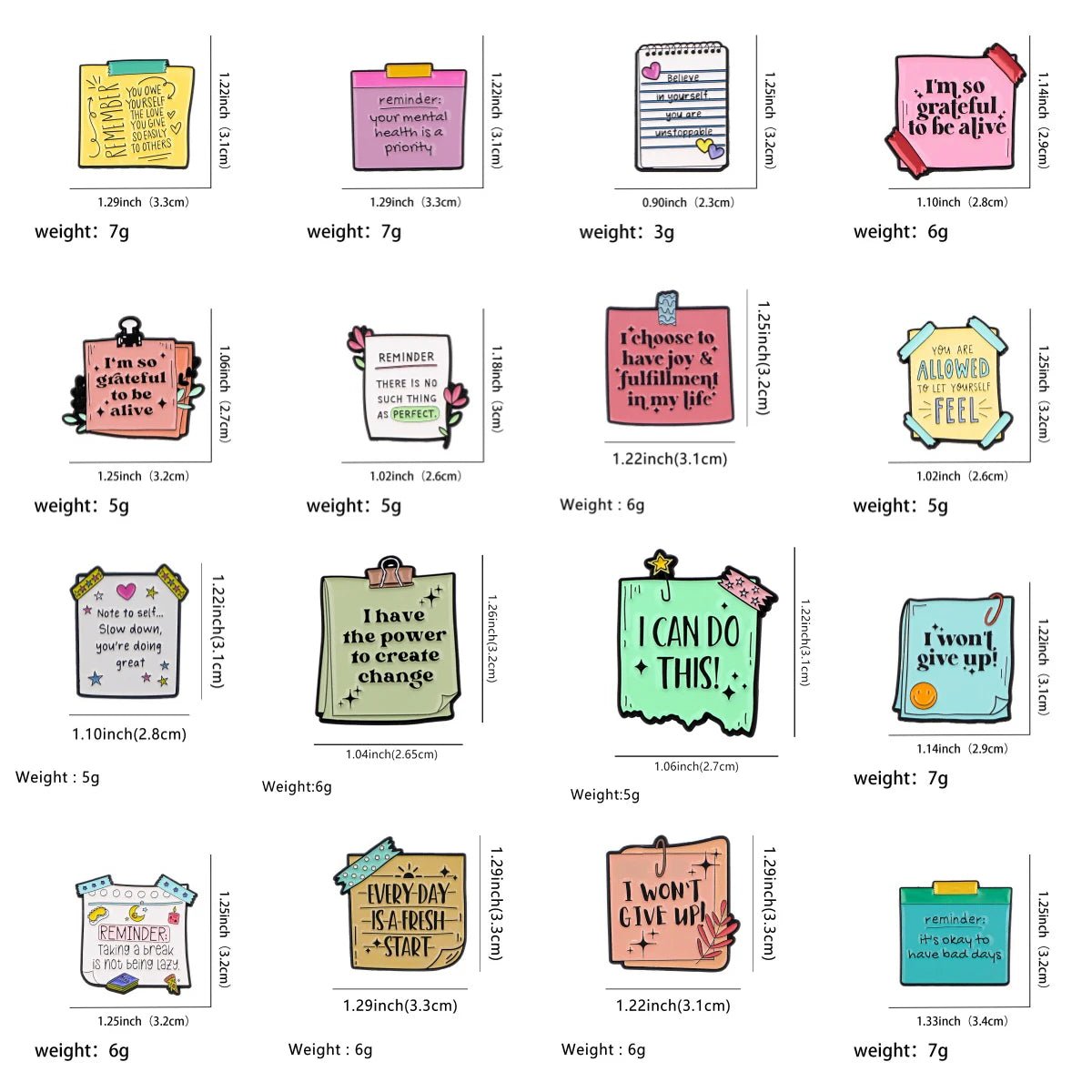 A grid of 16 sticky notes badges, featuring cheerful designs with hearts, stars, and positive affirmations in playful fonts. Each colorful note comes with dimensions and weights to help boost your mood and mental health.