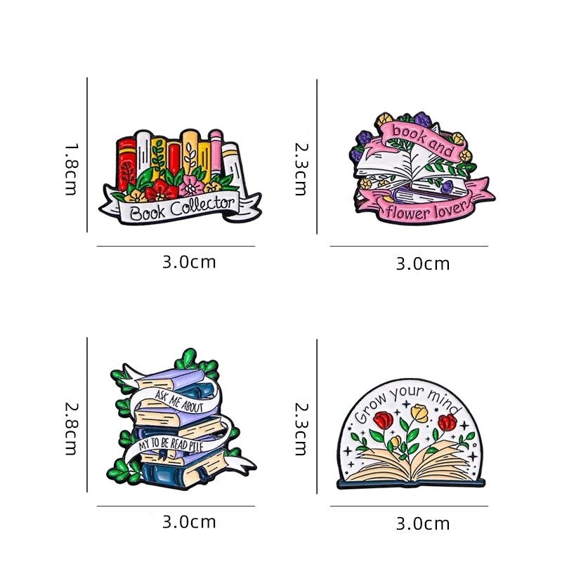 Kiss Me Later presents four illustrated enamel pins for book lovers: Book Collector, open book with flowers (Romance Reader), stacked books with plants, and an open book with Grow your mind. Perfect badges—sizes included!.