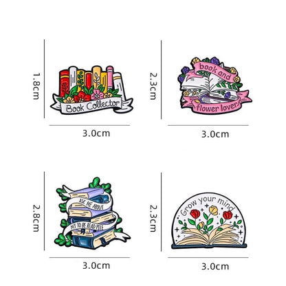 Kiss Me Later presents four illustrated enamel pins for book lovers: Book Collector, open book with flowers (Romance Reader), stacked books with plants, and an open book with Grow your mind. Perfect badges—sizes included!.