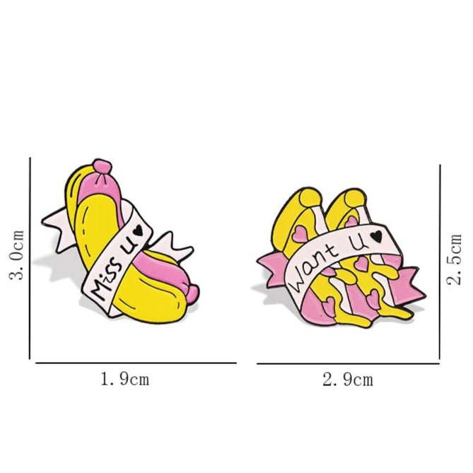 Two cute pink and yellow pins shaped like cartoon bananas—one reads Miss u ♥ (3.0×1.9cm), the other Want u ♥ (2.5×2.9cm). Add them to your collection with a pizza or hotdog pin for extra fun!.