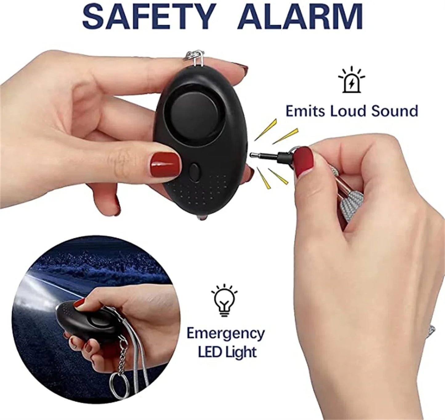 A black Kiss Me Later safety alarm device with a keychain is shown. One image shows it emitting a loud sound when the pin is pulled, and another shows it shining a bright LED light—perfect for outdoor adventures and personal safety.