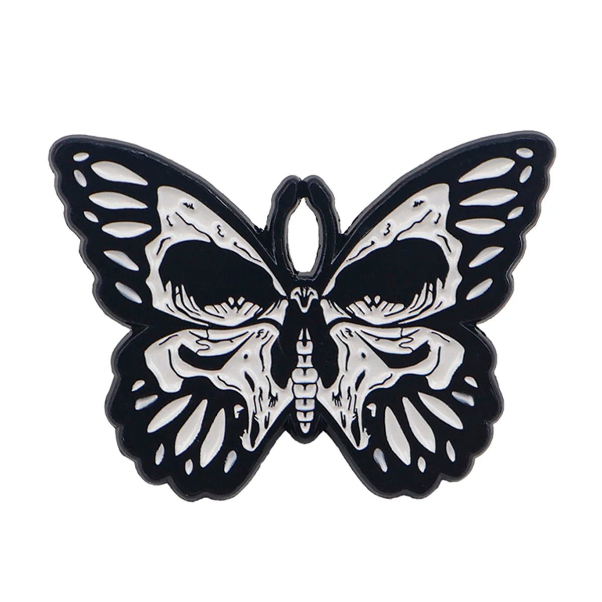 A Kiss Me Later butterfly illustration in black and white features a skull-shaped center on its wings, blending spooky vibes with intricate patterns for an eerie yet captivating design.