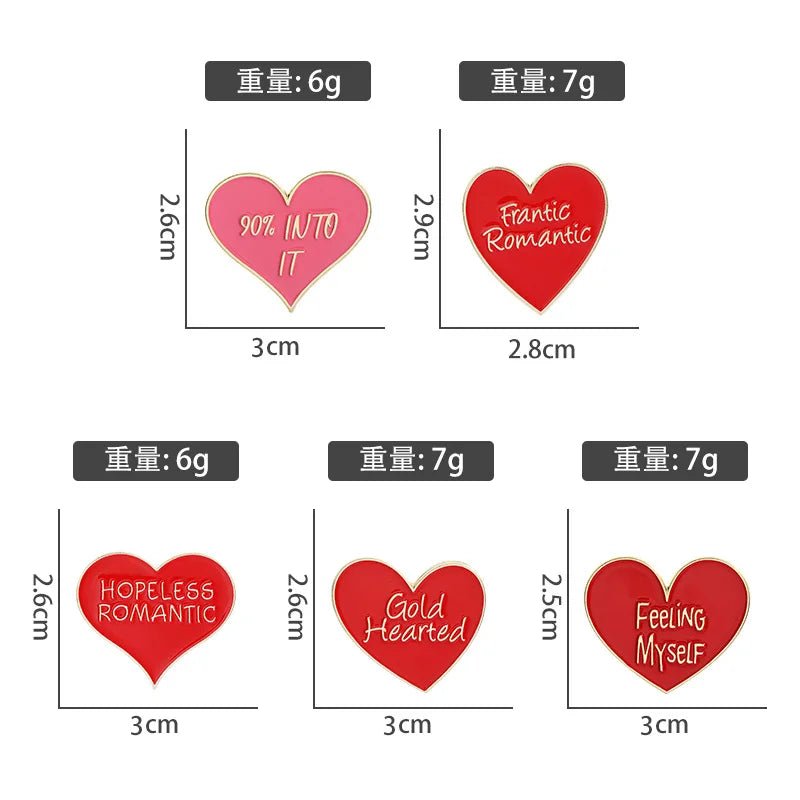 Set of five heart-shaped red and gold enamel pins each featuring a romantic phrase. Pins weigh 6–7g and measure about 3cm x 2.5–2.8cm—ideal for expressing your mood or gifting to someone special.