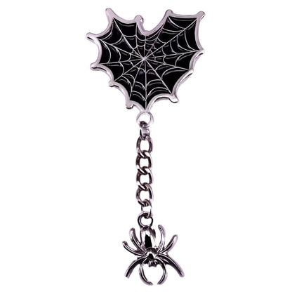 silver Gothic spider pin has a heart-shaped web top, a chain hanging below, and a small spider charm for a decorative, gothic look.