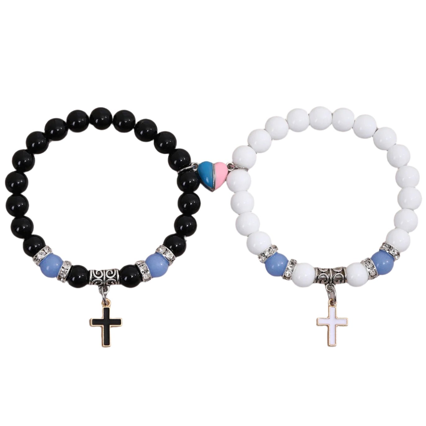 Two beaded bracelets with cross charms and pink and blue magnetic heart charm