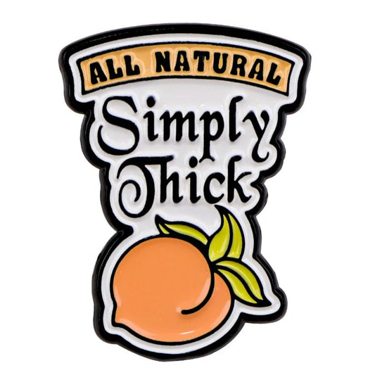Peach pin badge with ALL NATURAL Simply Thick text above a peach illustration with green leaves, designed in black, white, and peach tones.