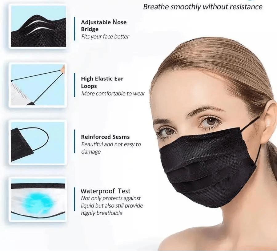 A woman wears the Kiss Me Later black triple layer mask with adjustable nose bridge, high elastic ear loops, and reinforced seams. Three close-ups highlight features. Text: Breathe smoothly without resistance.