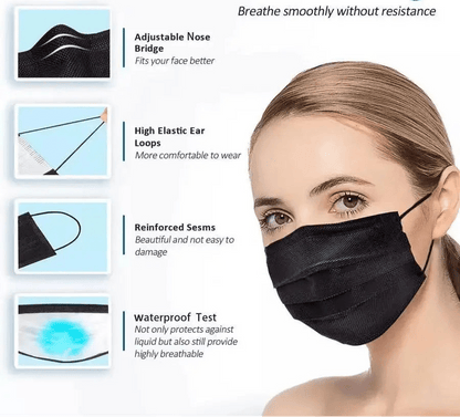 A woman wears the Kiss Me Later black triple layer mask with adjustable nose bridge, high elastic ear loops, and reinforced seams. Three close-ups highlight features. Text: Breathe smoothly without resistance.
