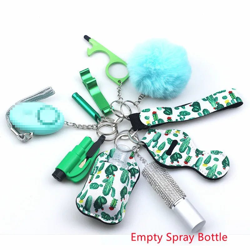 The Kiss Me Later keychain set features green and cactus-themed personal safety accessories like a sanitizer bottle, lip balm holder, whistle, touch tool, fluffy pompom, and empty spray bottle—ideal for outdoor adventures.