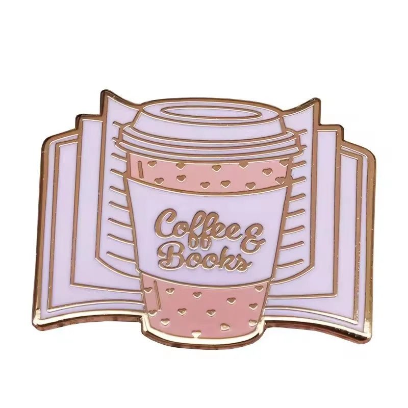 Add to your enamel pin collection with My Cutesy Era’s pink and gold Coffee & Books pin, featuring a takeaway cup in front of an open book—ideal for book lovers!.